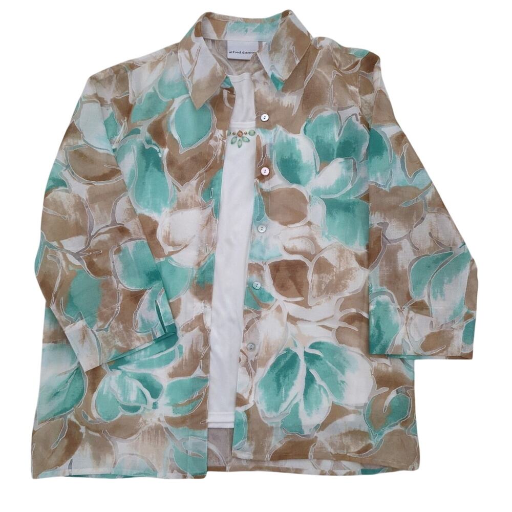 Alfred Dunner White Teal Brown Two piece set Shear Floral Blouse Jeweled Size 8